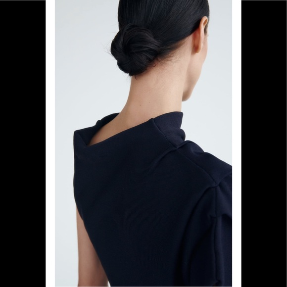 ZARA Asymmetric Sleeve Knit Dress Navy Blue - Picture 6 of 6